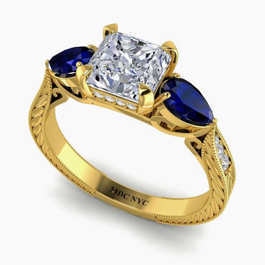 Radiant Diamond Engagement Ring Blue Sapphire Pear side stones Hand Engraved Yellow Gold band