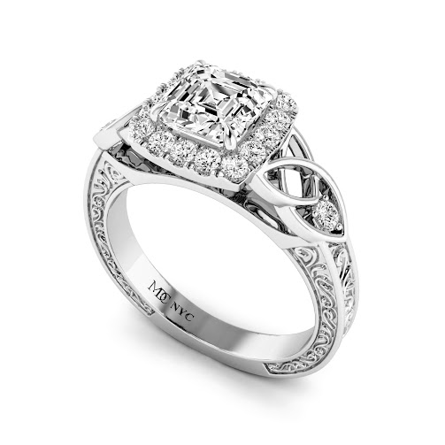 Asscher Halo Celtic Engraved Diamond Engagement Ring