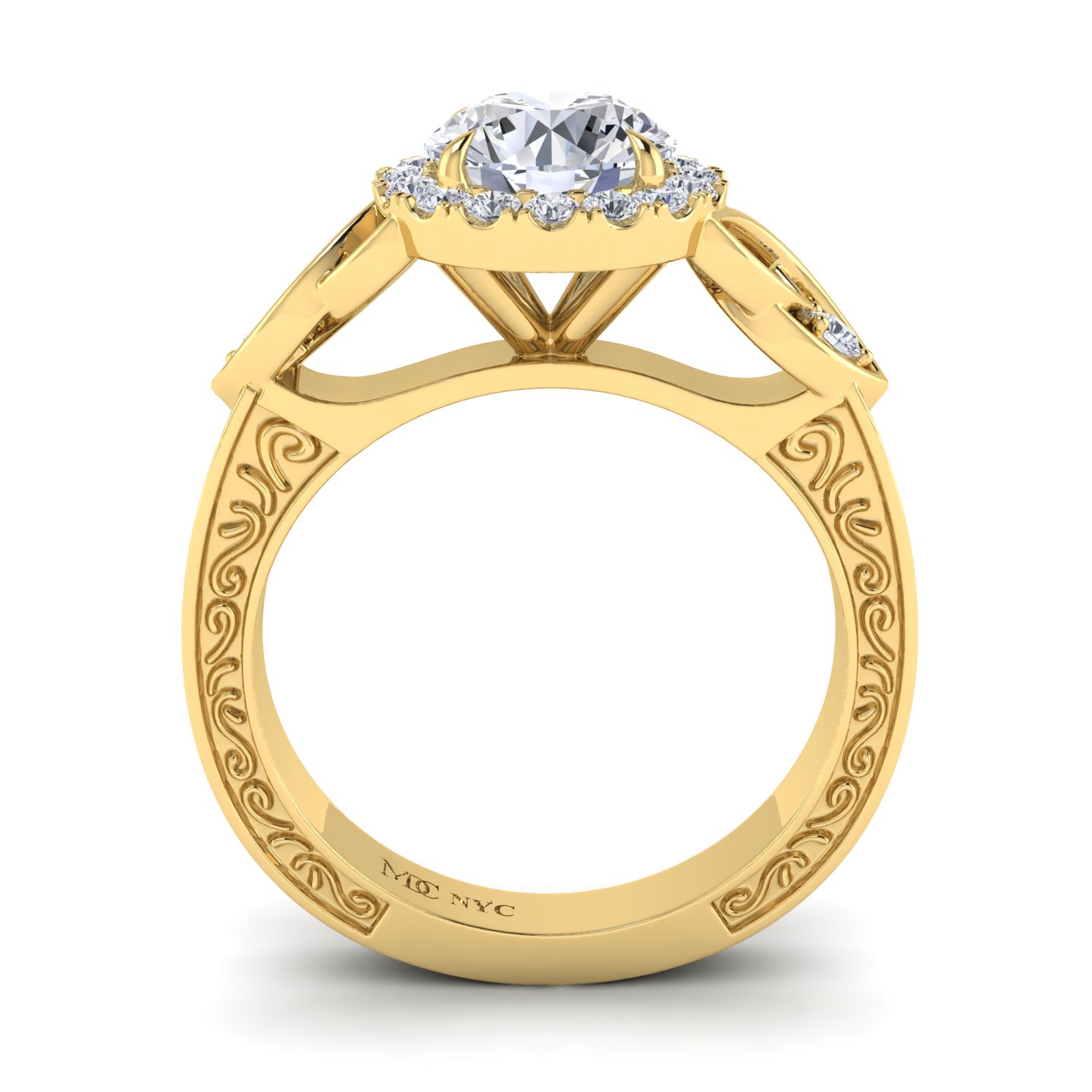Round Halo Celtic Engraved Diamond Engagement Ring