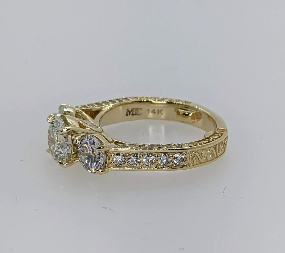 3 Stone Engraved Round Diamond Ring Yellow Gold