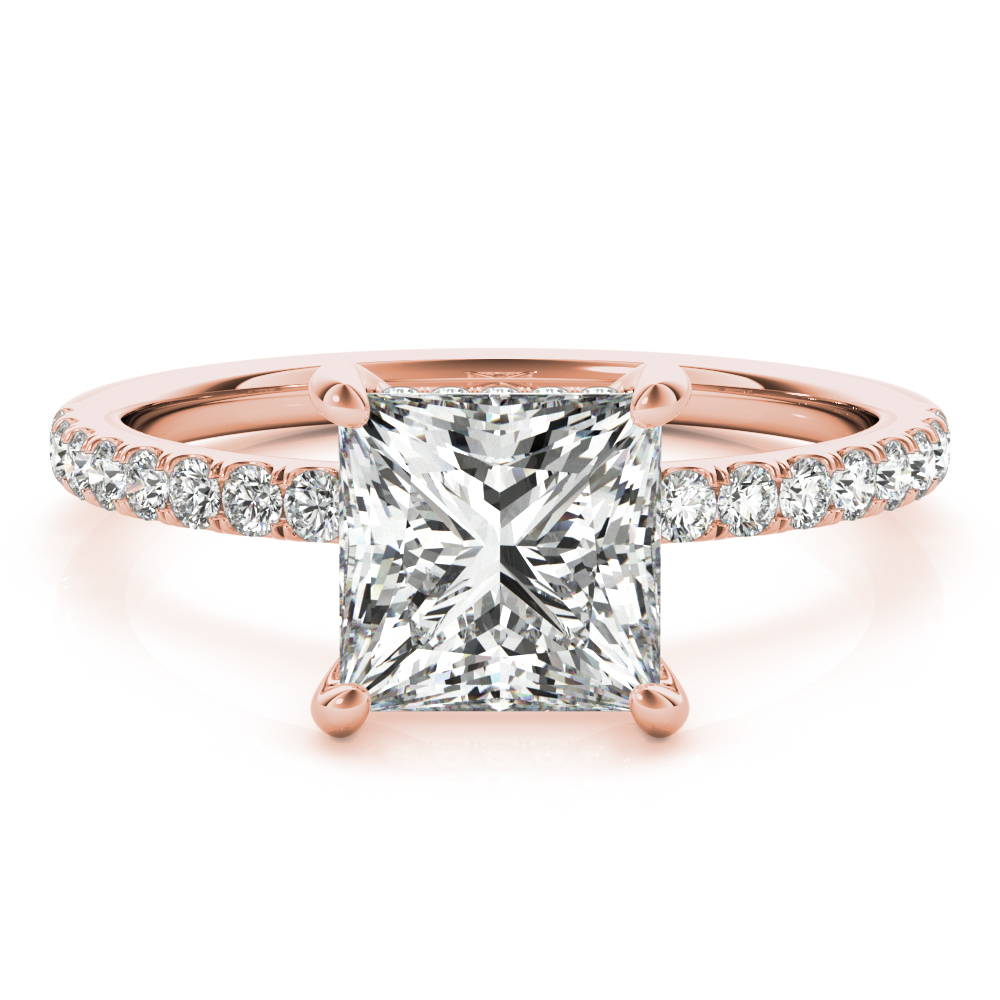 Hidden Halo Princess Engagement ring, diamond band, Rose Gold
