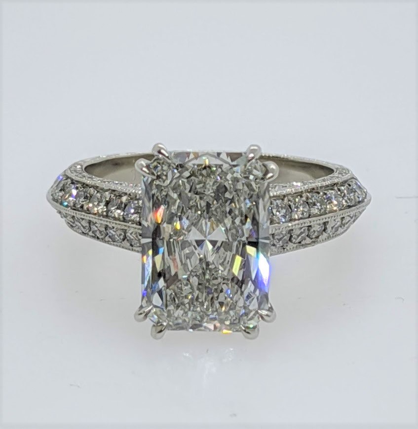Vintage Style Radiant Diamond Cathedral Knife Edge Engagement Ring.